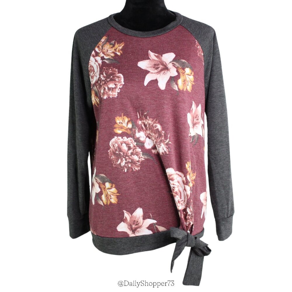 Red Lolly Women's Gray & Purple Floral Long Sleeve Tie Hem Tunic